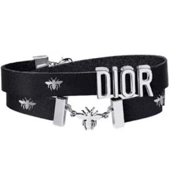 DIOR BEE CALFSKIN LEATHER BRACELET Double Wrap Dark Navy & Silver - Picture 7 of 7
